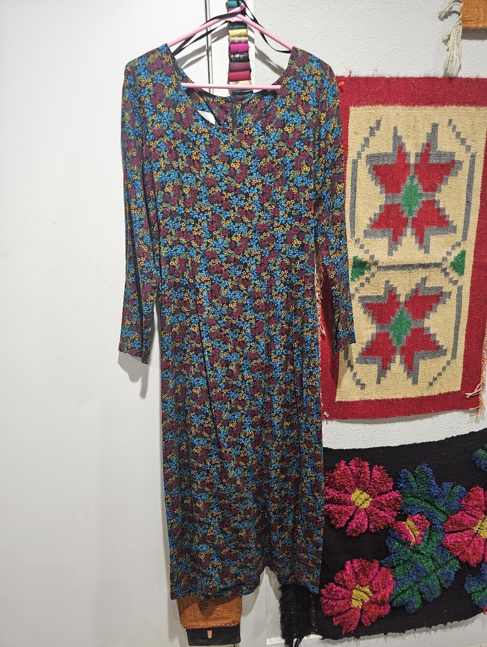 Vintage Nina Piccalino Long Sleeve Floral Midi Dress in Blue & Burgundy 8